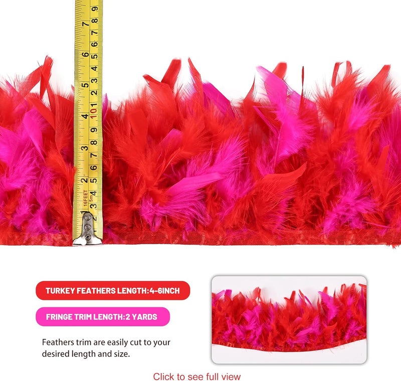 MAOFENG 2 Yards Natural Turkey Feathers Trim Sewing Fringe Fashion Dress Sewing 4-6inch for DIY Handicrafts Costumes Decoration,Red+Fuchsia - Image 2